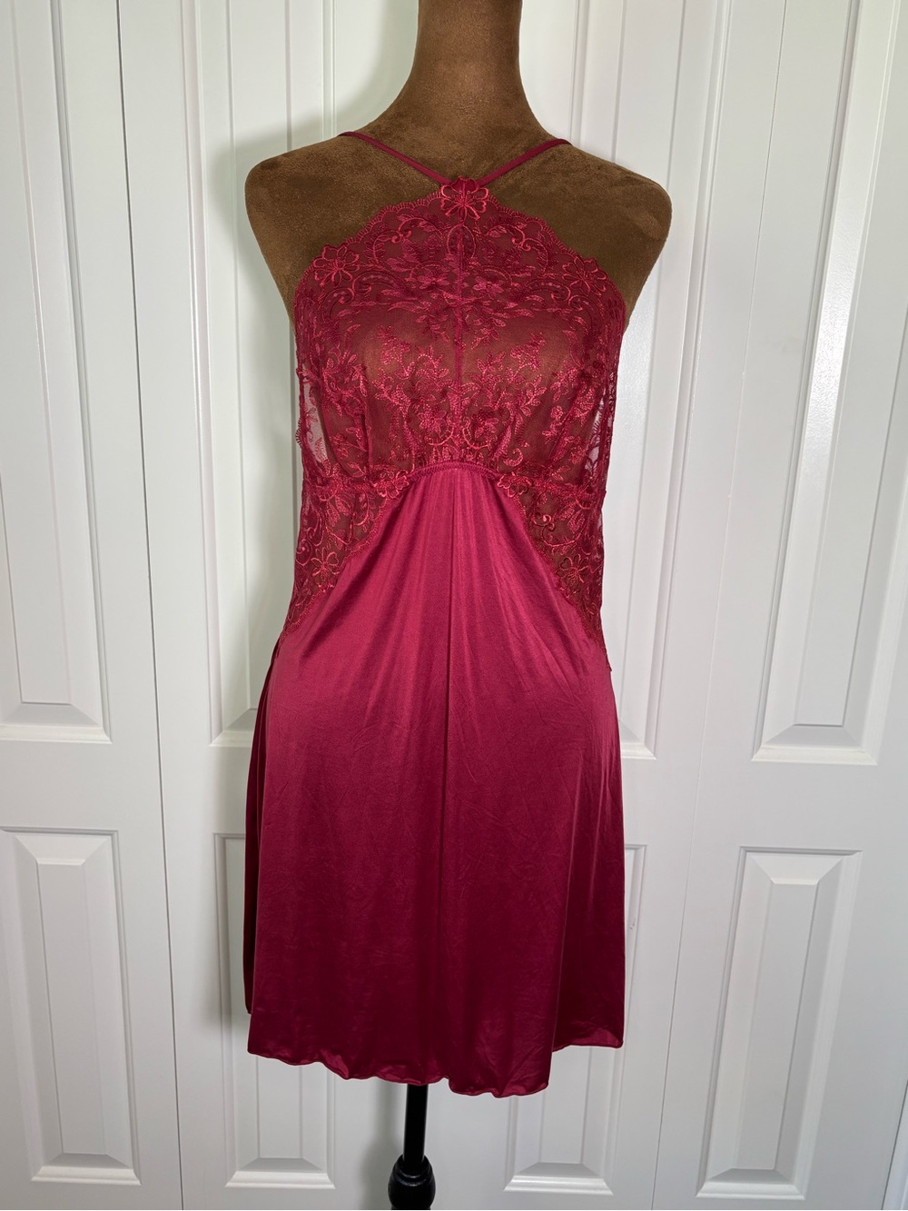 Wacoal Lace Halter Chemise Nightgown Red Lingerie Slip Dress Sz L